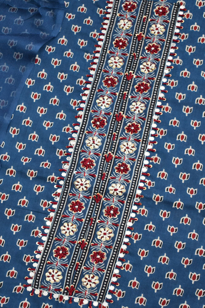 Premium Cotton Unstitched Suit with Neck patch, Intricate Hand Embroidery & Block print dupatta
