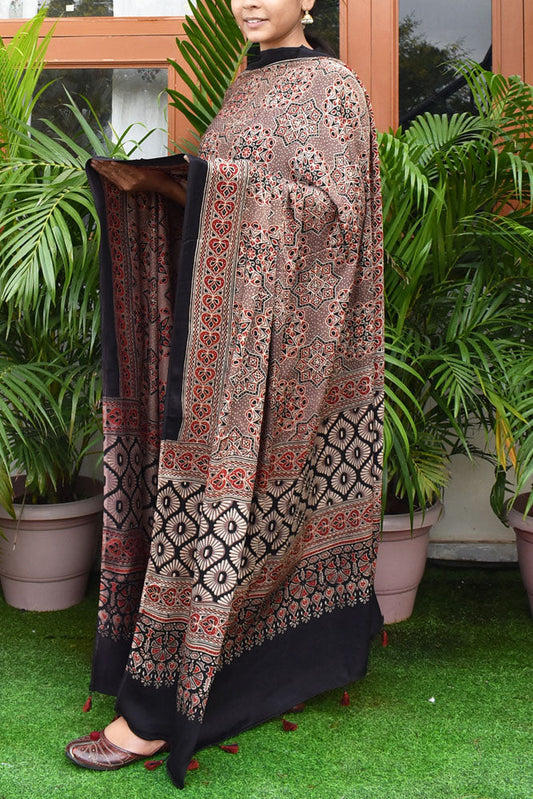 Elegant Modal Silk Ajrakh Block Print Dupatta with tassels