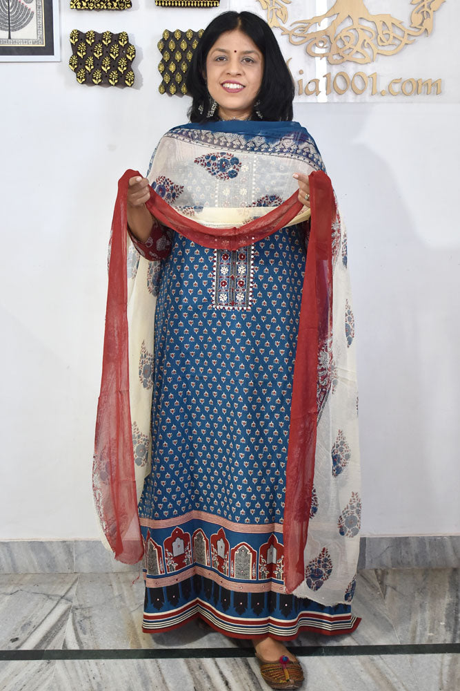 Premium Cotton Unstitched Suit with Neck patch, Intricate Hand Embroidery & Block print dupatta