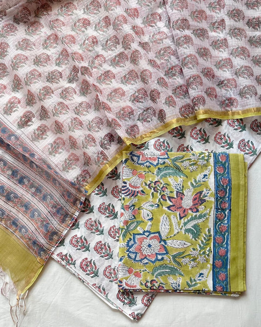 Beautiful Hand Block Printed Cotton Kurta & Kota Dupatta with Cotton Bottom - 3 pc set