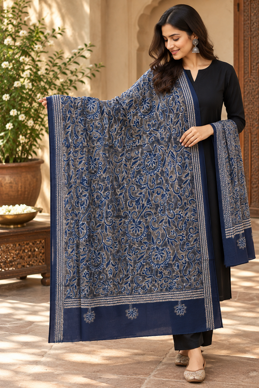 Hand embroidered Cotton Dupatta with Bengal Kantha work