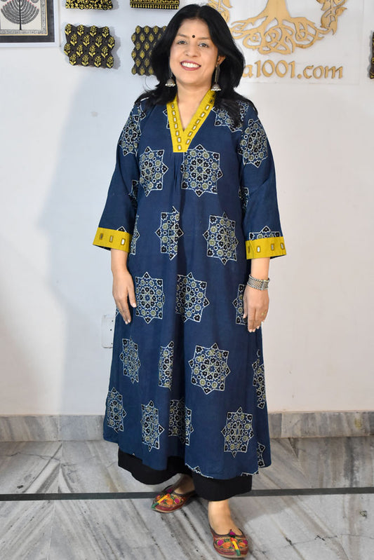 Beautiful Hand Block Printed Ajrakh Cotton kurta with Kutch Mirror work , Size 38 to 44