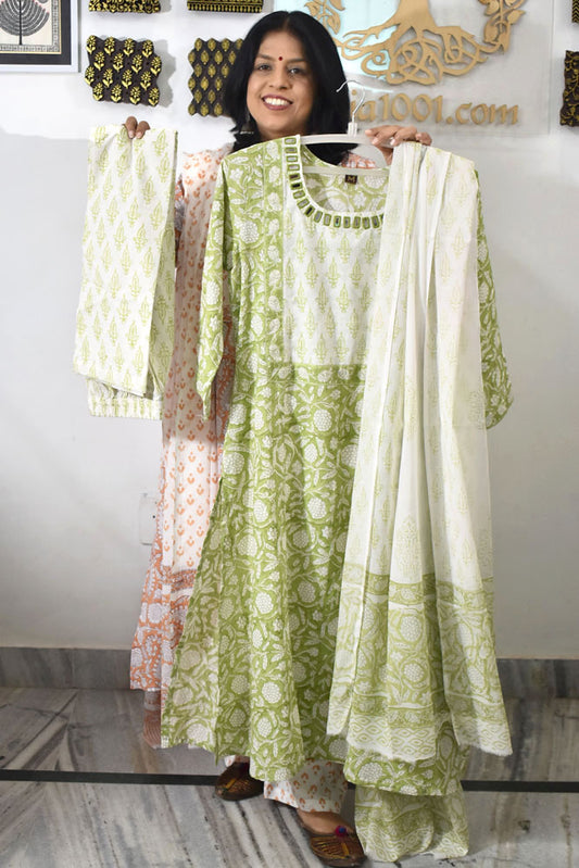 Hand Block Printed stitched 3 pc Cotton suit with Kutch Mirror Work