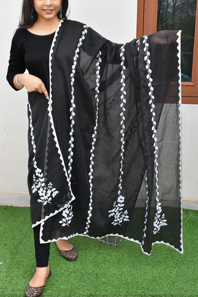 Handcrafted Phool Patti Applique & Hand Crochet work Kota cotton dupatta