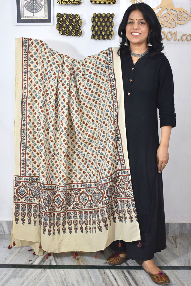 Ajrakh Hand Block Printed Cotton Dupatta with Tassels & natural dyes
