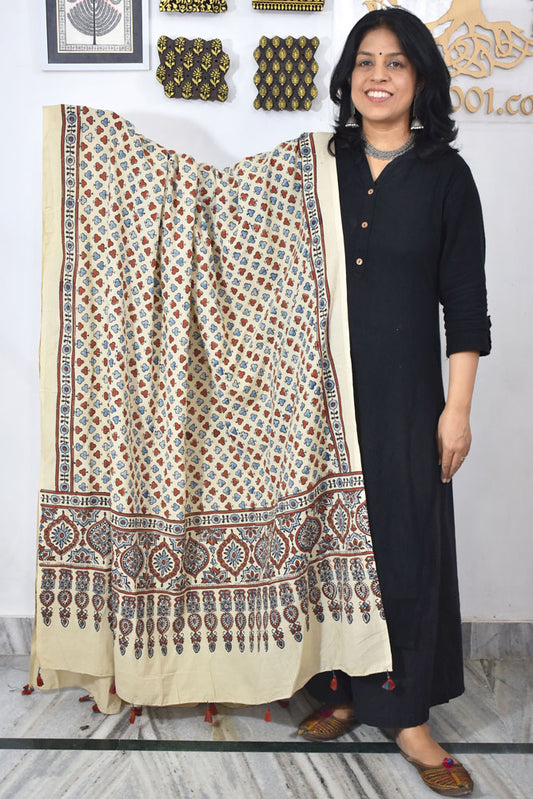 Ajrakh Hand Block Printed Cotton Dupatta with Tassels & natural dyes