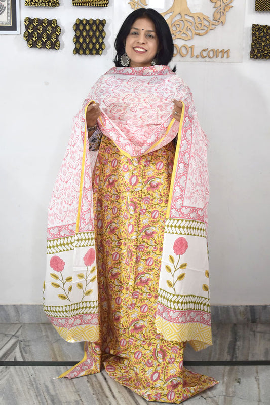 Hand Block Printed Cotton unstitched suit fabric with Soft Cotton dupatta