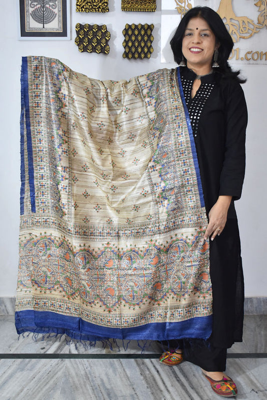 Geecha Silk Dupatta with printed Madhubani patterns