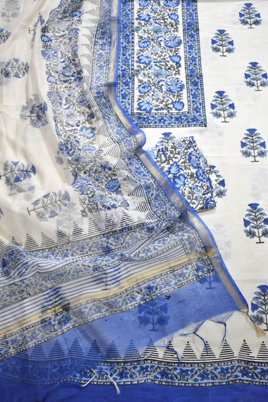 Designer Hand Block Print Cotton suit with Chanderi dupatta