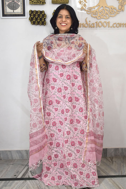 Beautiful Hand Block Printed Cotton unstitched suit fabric with Kota Doria Dupatta