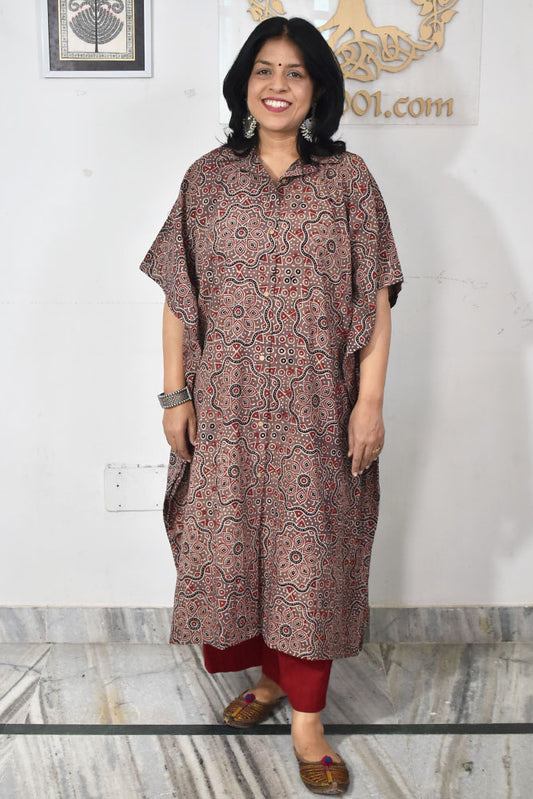 Beautiful Hand Block Printed Ajrakh Kaftan, Can fit till size 48