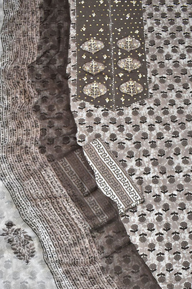 Premium Cotton Unstitched Suit with Neck patch, Intricate Hand Embroidery & Block print dupatta