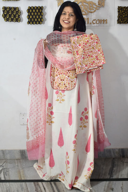 Designer Cotton Unstitched Suit Fabric with Embroidery & Chiffon dupatta