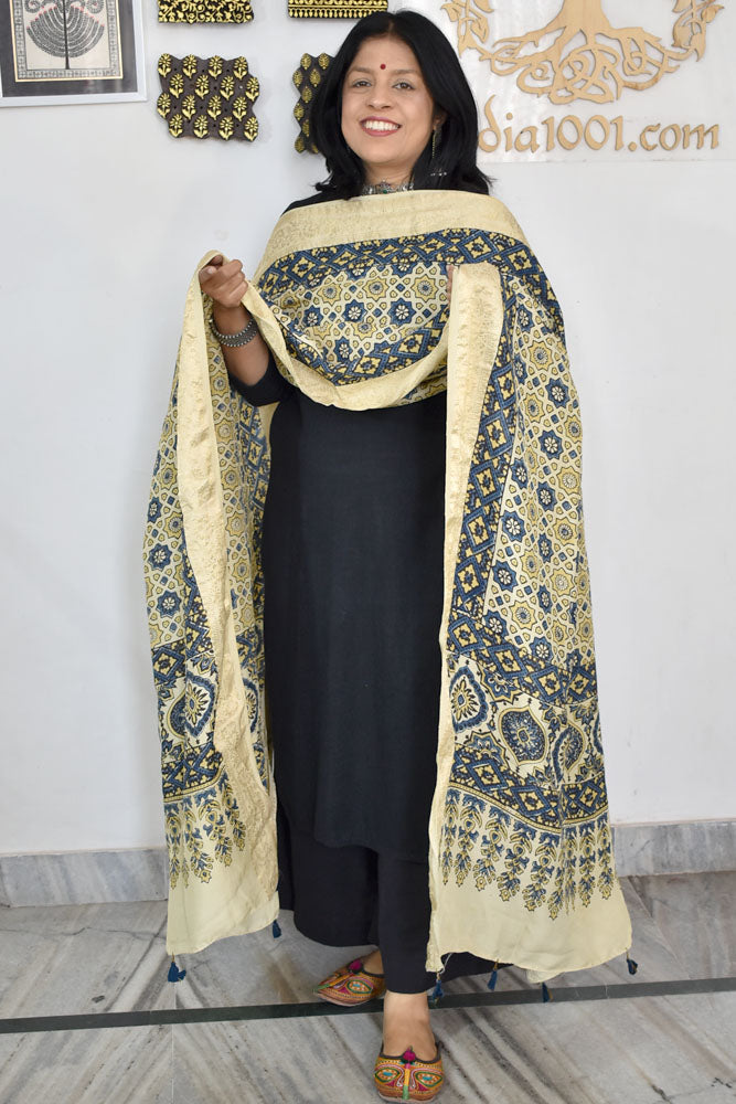 Beautiful Ajrakh Dola Silk Hand Block Print  Dupatta with Tassels