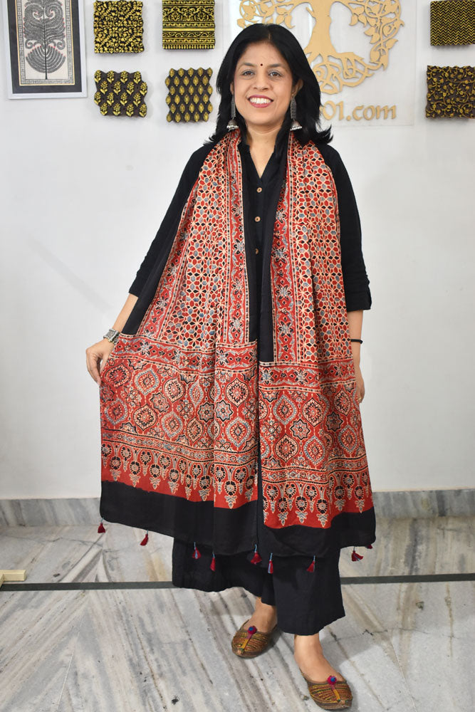 Beautiful Hand Block Printed Ajrakh Modal Silk stole with Tassels