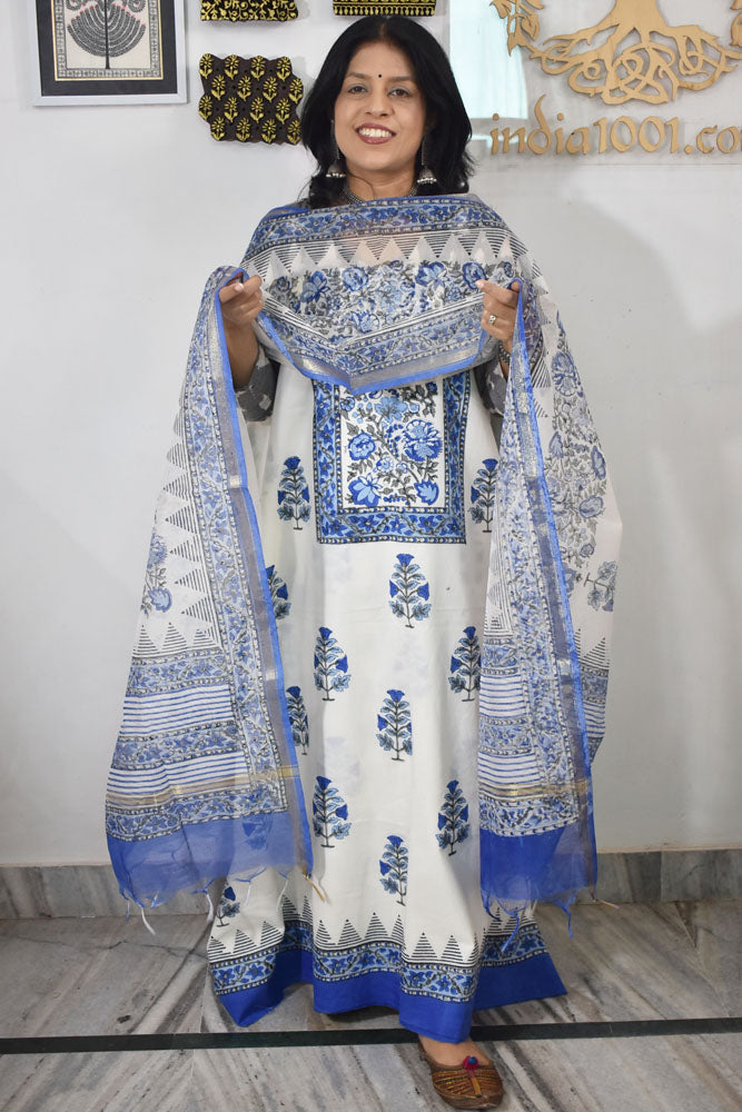 Designer Hand Block Print Cotton suit with Chanderi dupatta