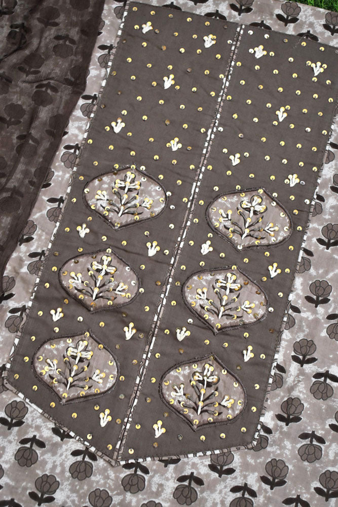 Premium Cotton Unstitched Suit with Neck patch, Intricate Hand Embroidery & Block print dupatta