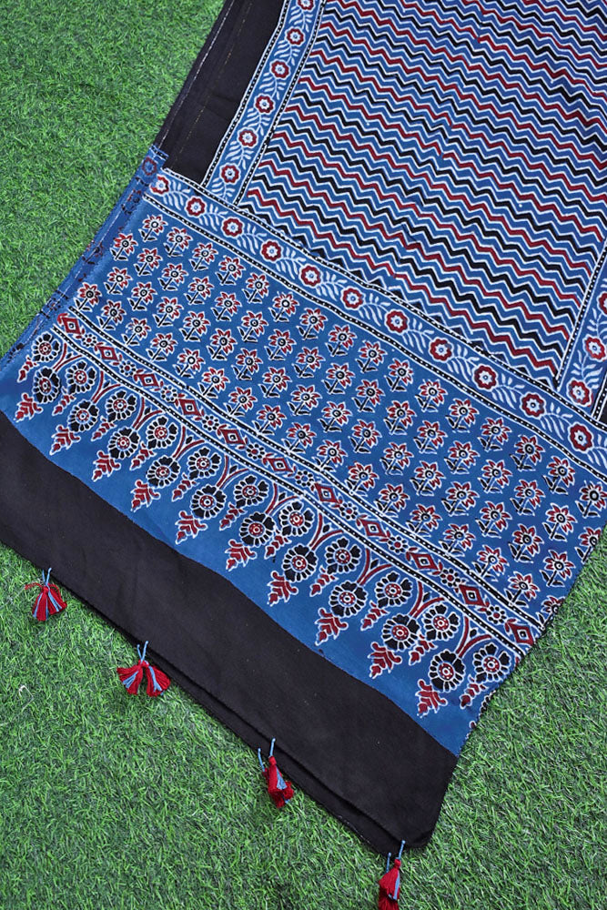 Beautiful Hand Block Printed Ajrakh Modal Silk stole with Tassels