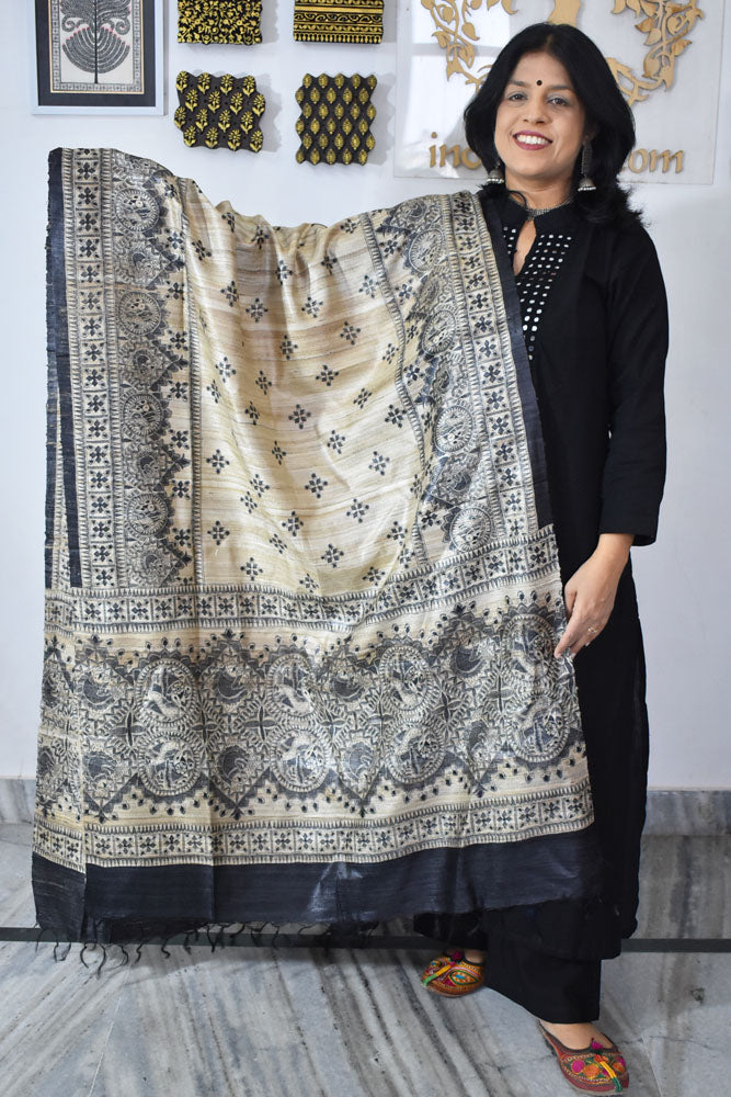 Geecha Silk Dupatta with printed Madhubani patterns