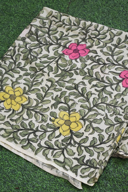 Beautiful Hand Painted Pen Kalamkari  Bangalore Silk Fabric - 2.5 mtrs cut