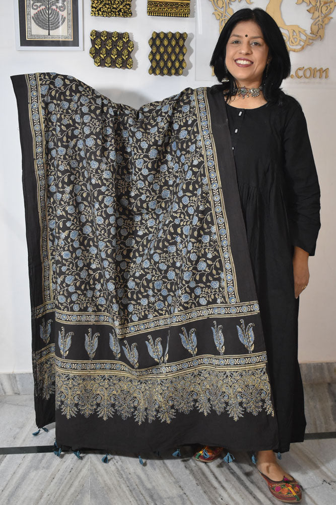 Ajrakh Hand Block Printed Cotton Dupatta with Tassels & natural dyes
