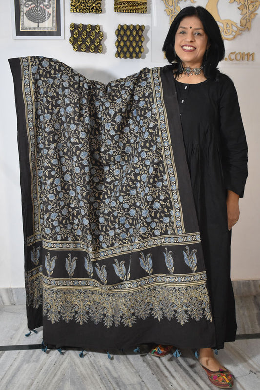 Ajrakh Hand Block Printed Cotton Dupatta with Tassels & natural dyes