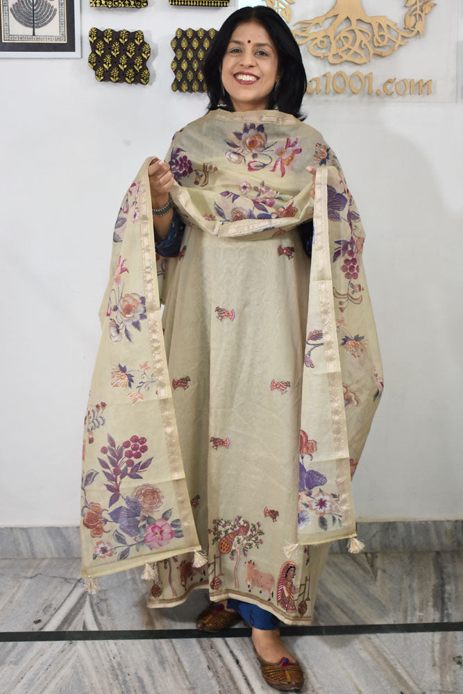 Gorgeous Mul Chanderi Kurta fabric & Dupatta set with embroidery