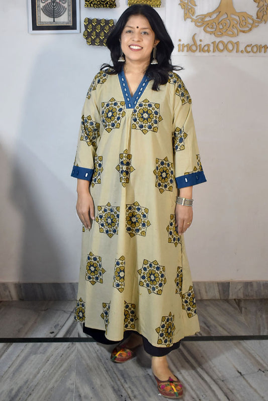 Beautiful Hand Block Printed Ajrakh Cotton kurta with Kutch Mirror work , Size 38 to 44