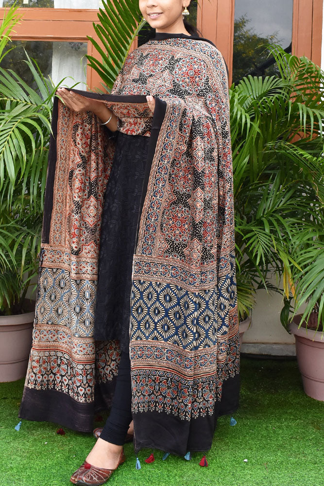 Elegant Modal Silk Ajrakh Block Print Dupatta with tassels