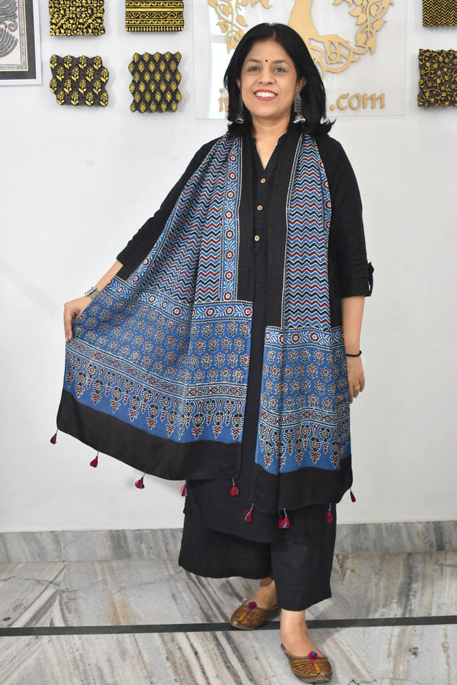 Beautiful Hand Block Printed Ajrakh Modal Silk stole with Tassels