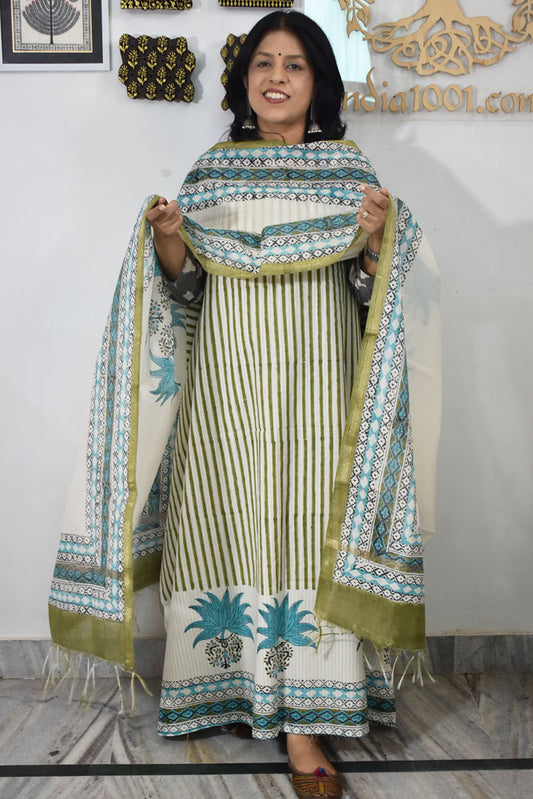 Designer Hand Block Print Cotton suit with Chanderi dupatta