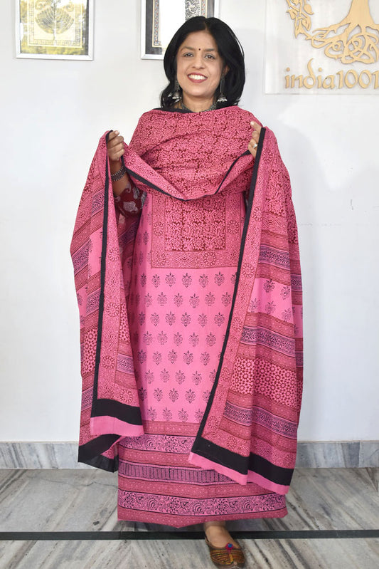 Bagh Hand Block Printed unstitched 3 pc Cotton suit fabric with Placement block print from MP