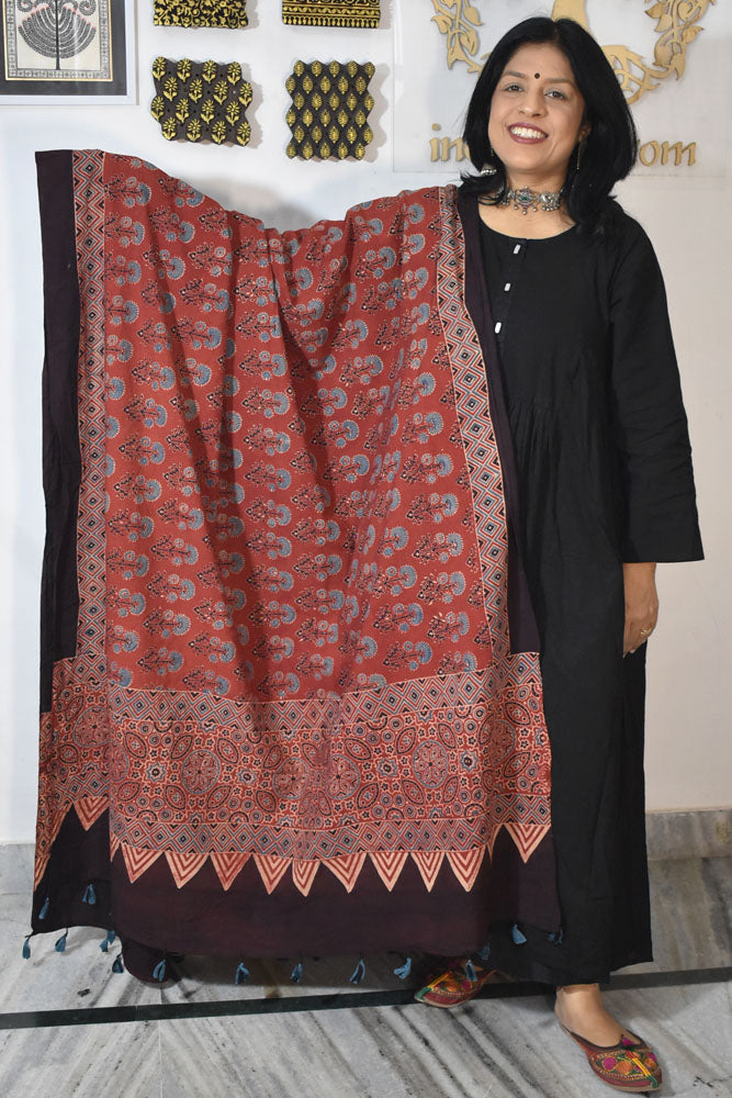 Ajrakh Hand Block Printed Cotton Dupatta with Tassels & natural dyes