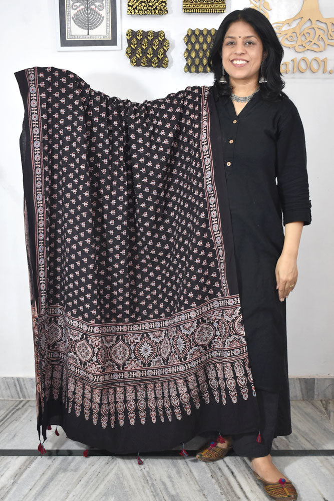 Ajrakh Hand Block Printed Cotton Dupatta with Tassels & natural dyes