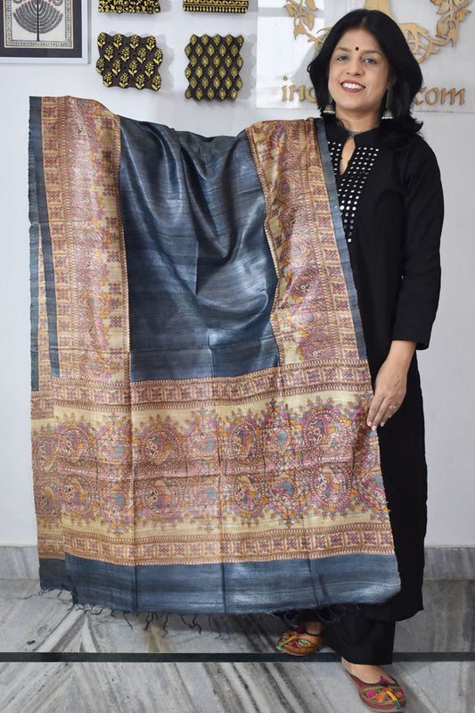 Geecha Silk Dupatta with printed Madhubani patterns