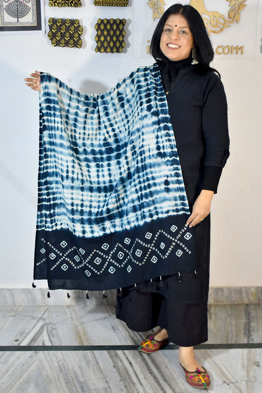 Hand woven Kutch Merino Wool Stole with Shibori Dye & Tassels