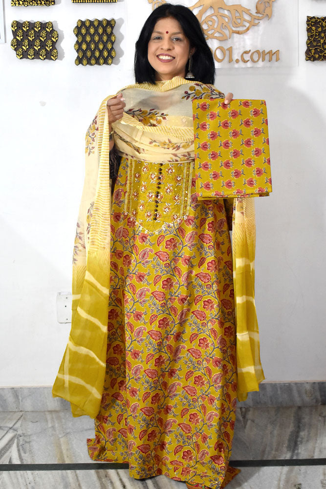 Designer Cotton Unstitched Suit Fabric with Embroidery & Chiffon dupatta