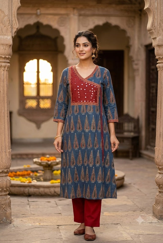 Designer Hand Block Printed cotton Kurta With Mirror Work - Size 40 to 46 ( all sizes)