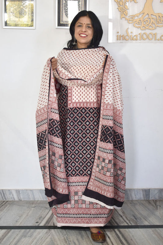 Bagh Hand Block Printed unstitched 3 pc Cotton suit fabric with Placement block print from MP