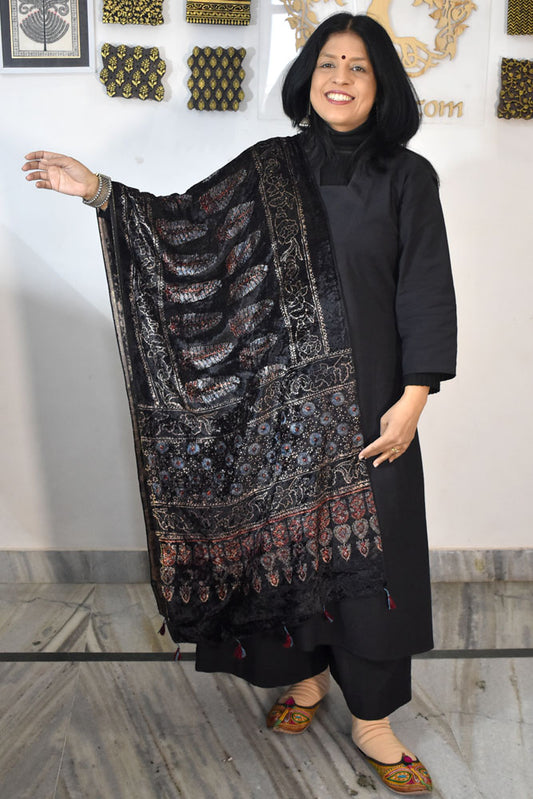 Beautiful Hand Block Printed Ajrakh Velvet stole with Tassels