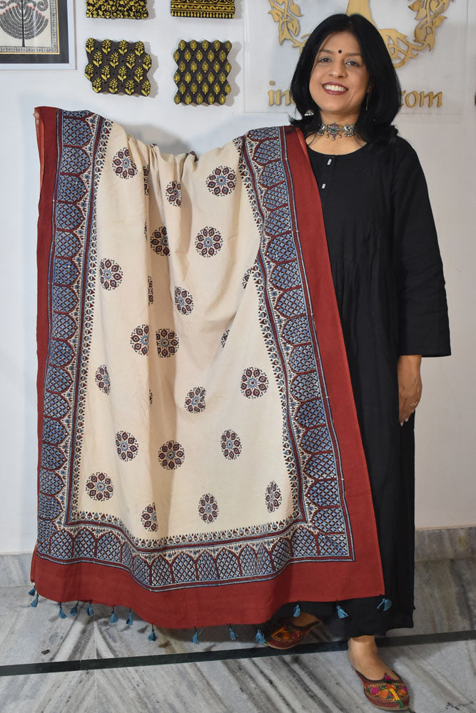 Ajrakh Hand Block Printed Cotton Dupatta with Tassels & natural dyes