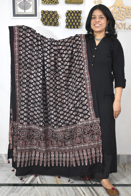 Ajrakh Hand Block Printed Cotton Dupatta with Tassels & natural dyes