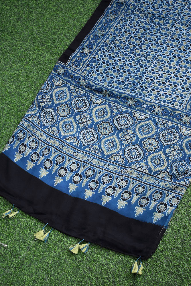 Beautiful Hand Block Printed Ajrakh Modal Silk stole with Tassels