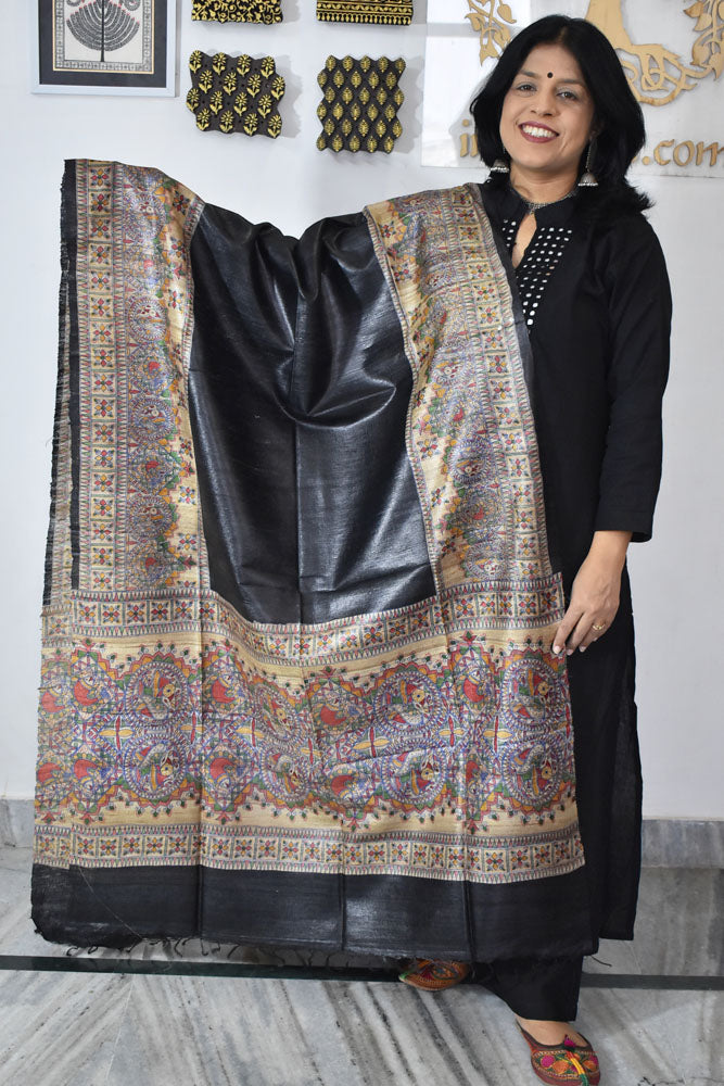 Geecha Silk Dupatta with printed Madhubani patterns