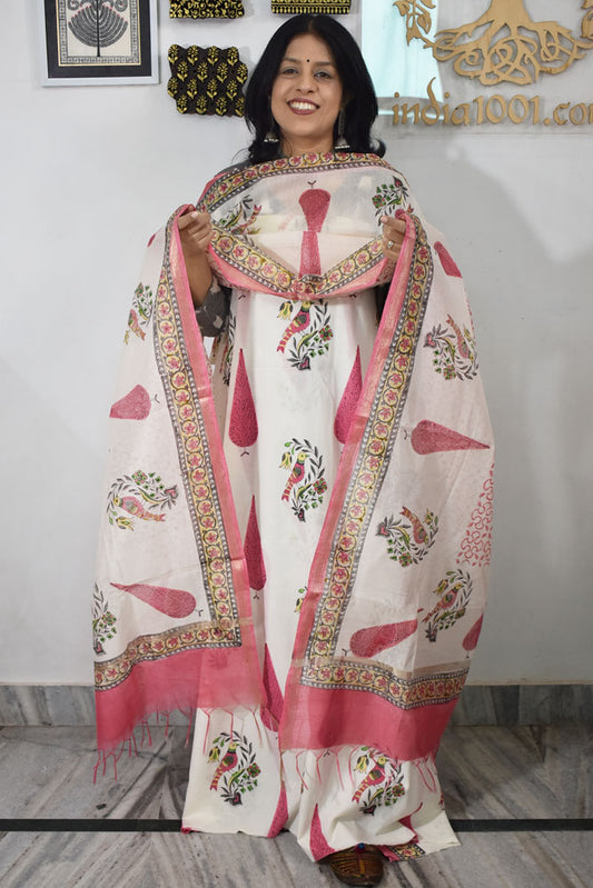 Designer Hand Block Print Cotton suit with Chanderi dupatta