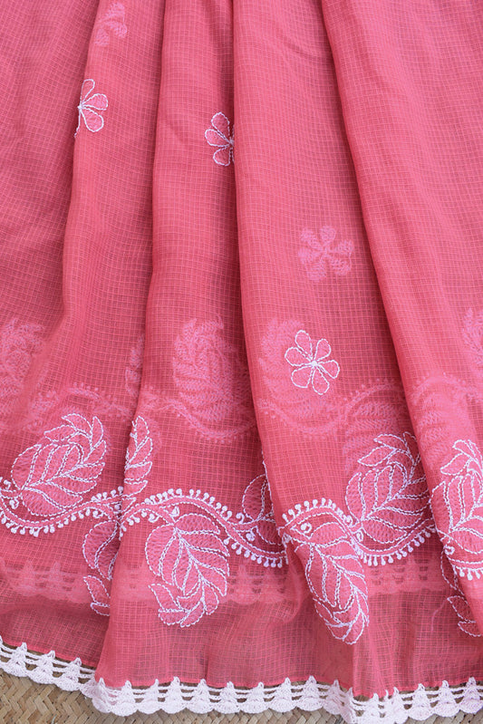 Handcrafted Kota Cotton Dupatta with Chikankari embroidery & crochet borders
