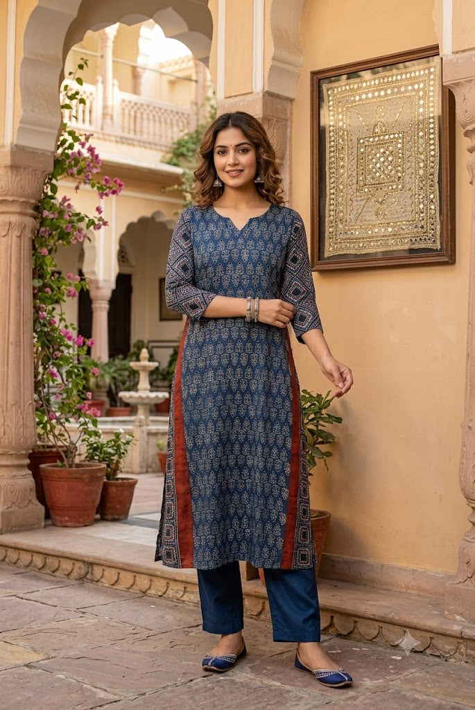 Beautiful Hand Block Printed Ajrakh Modal Silk Kurta, Size 40 to 44