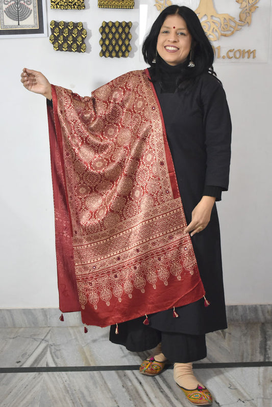 Beautiful Hand Block Printed Ajrakh Mashru Silk stole with Mirror Work