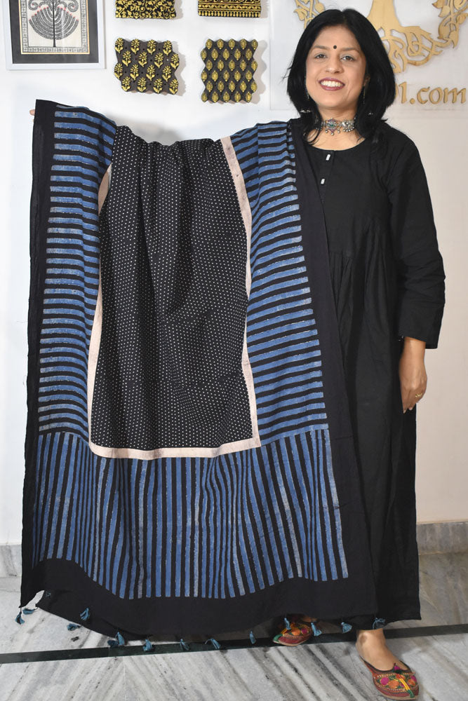 Ajrakh Hand Block Printed Cotton Dupatta with Tassels & natural dyes