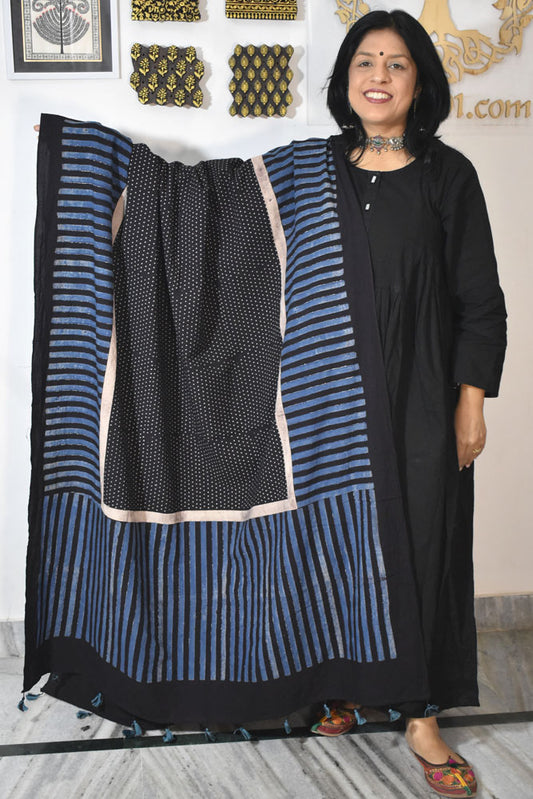 Ajrakh Hand Block Printed Cotton Dupatta with Tassels & natural dyes
